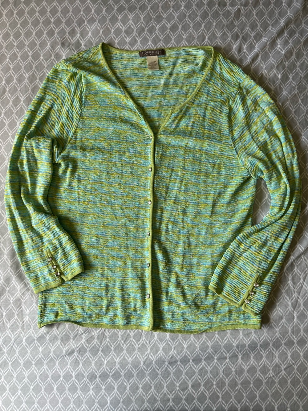 Sigrid Olsen Lime Green & Aqua Heathered V-Neck Button Cardigan